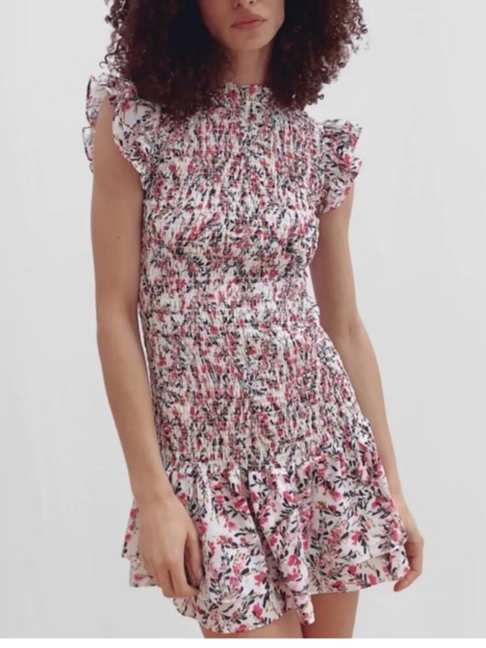 French Connection Elao Verona Printed Smocked Ruffle Dress in Pink - Picture 3 of 8